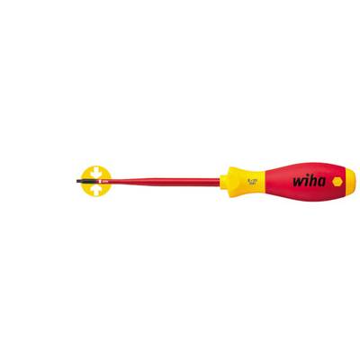 Tournevis à poignée rouge et embout jaune. Marque sur la poignée. Isolé pour la sécurité. L'embout est plat et large.