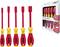 Cinq tournevis rouge et jaune côte à côte, portant l'inscription 'wiha', à côté d'un emballage contenant les mêmes tournevis.