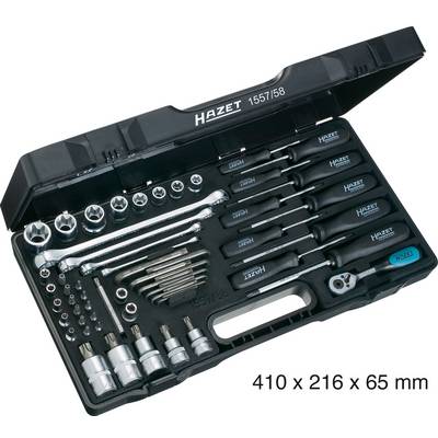 'Ensemble d'outils manuels dans un coffret noir, comprenant des clés à molette et des embouts. Inscription : HAZET 1557/158. Dimensions : 410 x 216 x 65 mm.'
