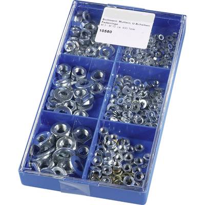Une boîte de rangement bleue à plusieurs compartiments, remplie de différents écrous et rondelles métalliques. En haut, une étiquette portant le numéro de pièce 10580.
