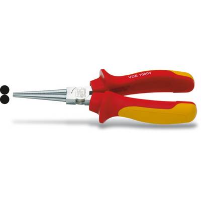 Pince coupante longue à bec effilé avec poignées isolées rouge et jaune, adaptée aux travaux sur des composants sous tension jusqu'à 1000 volts.