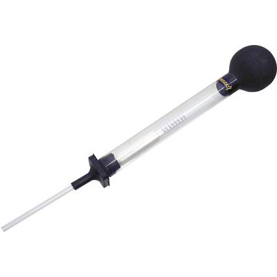 Une pipette de dinde transparente avec un bulbe noir et un tube transparent, utilisée pour hydrater les rôtis ou d'autres plats.