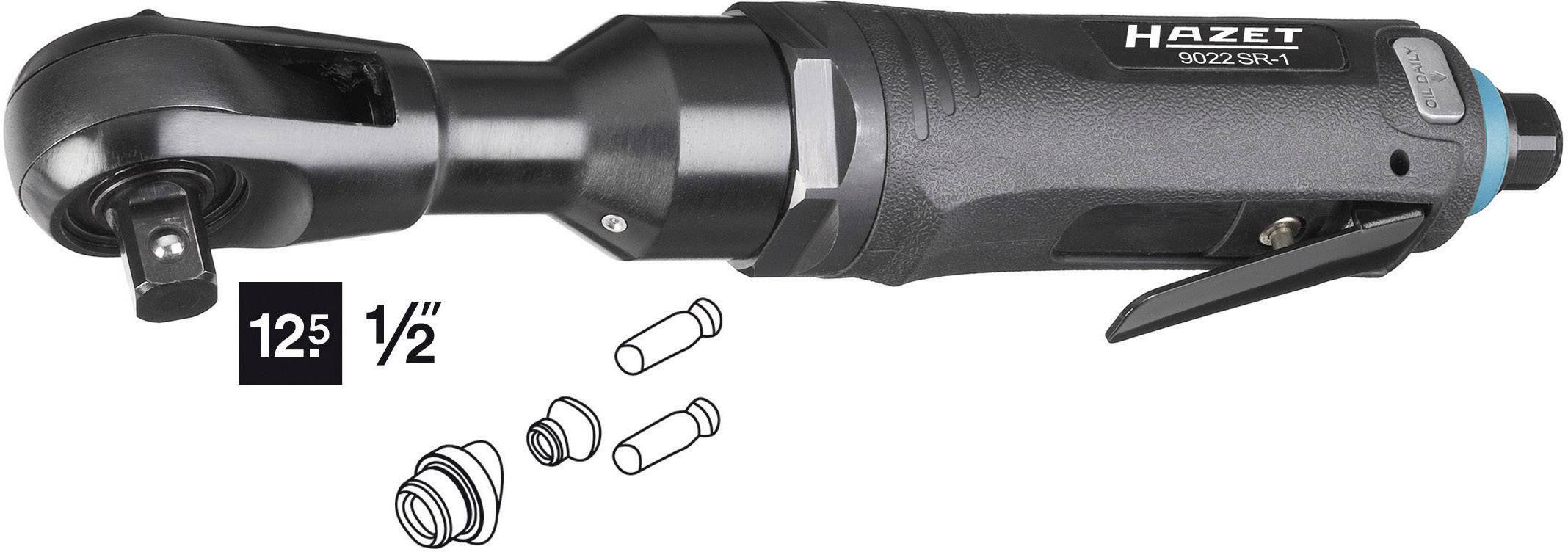 'Clé à cliquet pneumatique de marque Hazet, modèle numéro 9022 SSW-1, montrant le point de connexion, entouré de pièces accessoires.'
