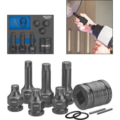 Un ensemble d'outils comprenant différentes clés à douille et bagues. À côté du coffret se trouve une image illustrant l'utilisation sur une roue de véhicule.