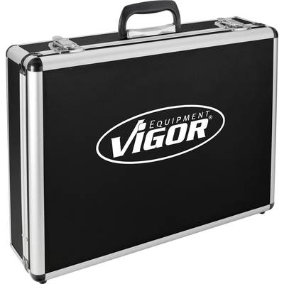 Boîte à outils noire avec bordure argentée et poignée noire. Logo de marque 'Vigor Equipment' sur la face avant.