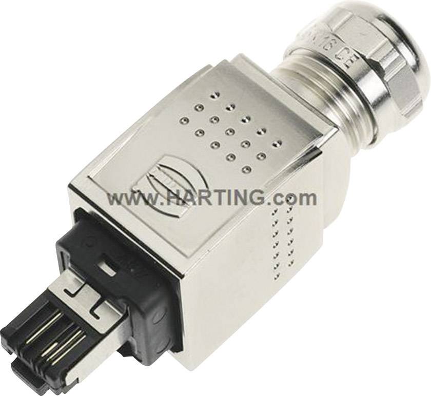 Un connecteur industriel HARTING avec boîtier métallique et raccordement de câble, adapté aux connexions robustes dans les applications techniques.