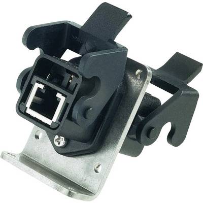 Support métallique avec clip en plastique noir, adapté pour la fixation de connexions électroniques ou d'appareils sur un mur.
