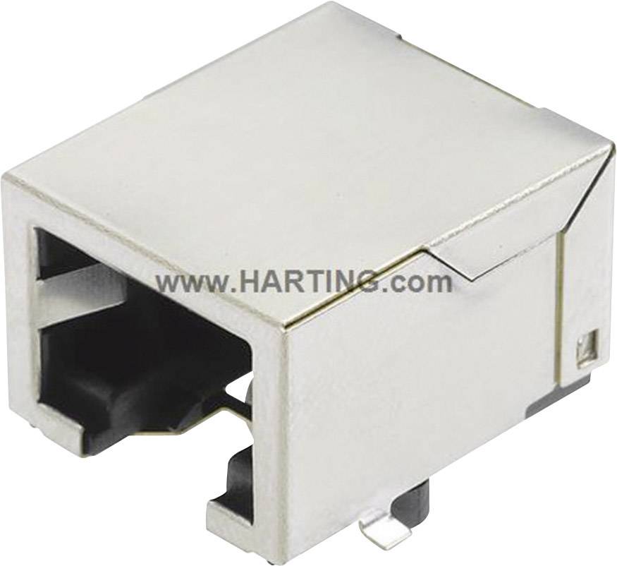 Un connecteur Ethernet rectangulaire métallique de HARTING, utilisé pour les connexions réseau dans les appareils électroniques.