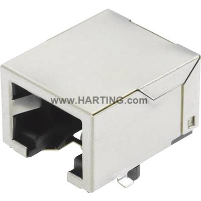 Un connecteur Ethernet rectangulaire métallique de HARTING, utilisé pour les connexions réseau dans les appareils électroniques.