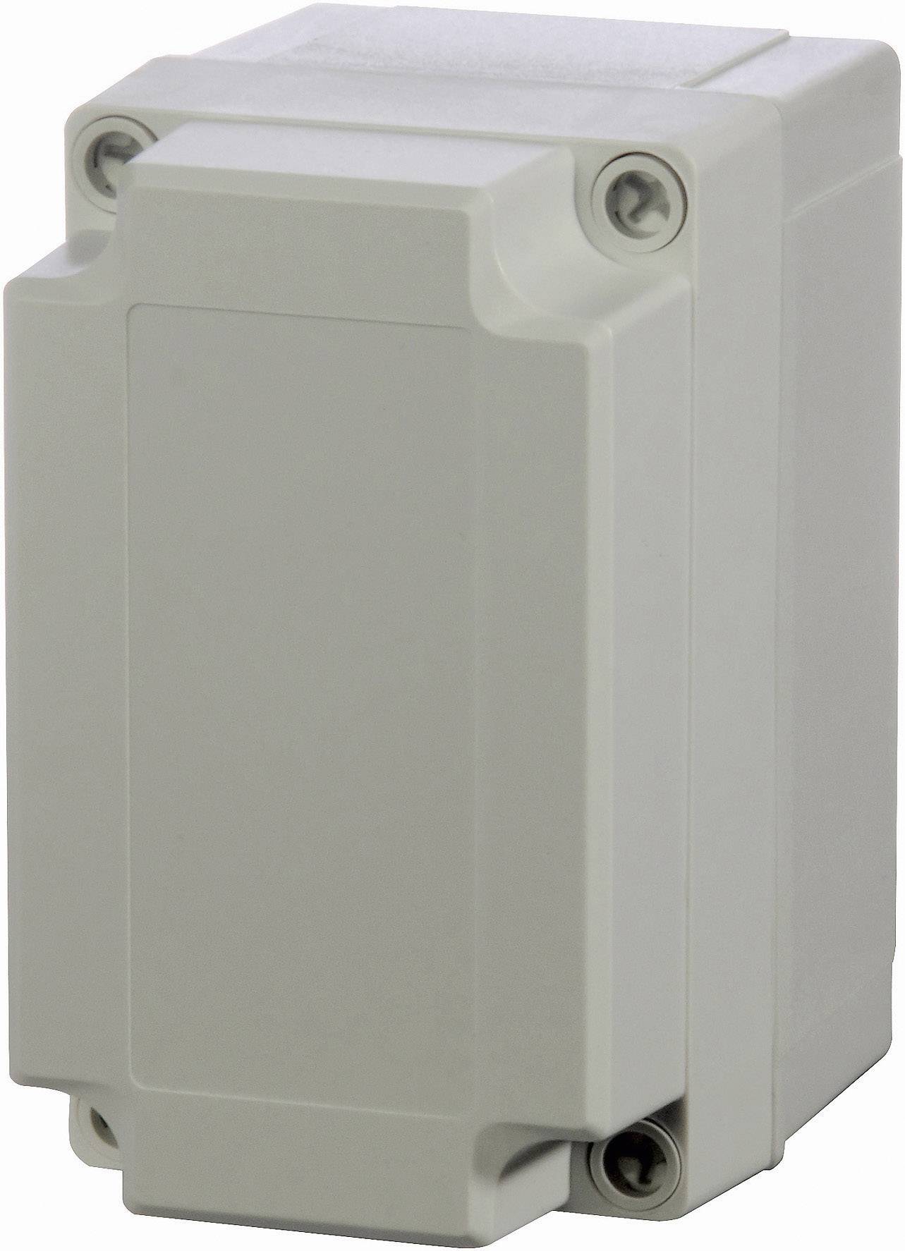 Un boîtier électrique rectangulaire gris avec quatre vis visibles aux coins, conçu pour les installations extérieures.