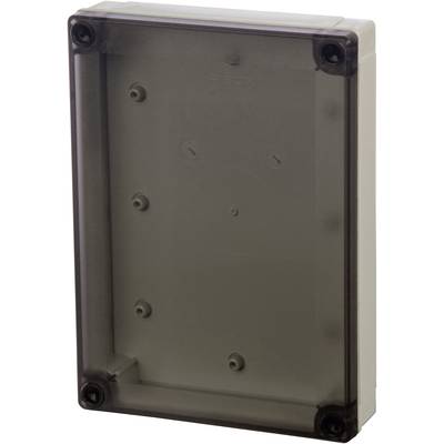 Un boîtier rectangulaire en plastique gris avec des coins arrondis, des trous de vis et un couvercle avant transparent. Adapté pour les installations.