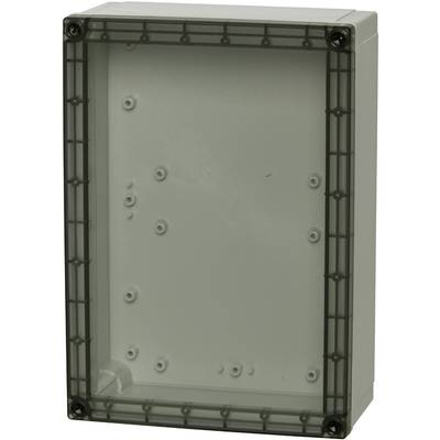 Boîtier rectangulaire gris en plastique avec couvercle transparent et trous de fixation, adapté aux installations électroniques industrielles.