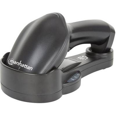 Un scanner de codes-barres noir de 'Manhattan' est placé dans sa station de charge.