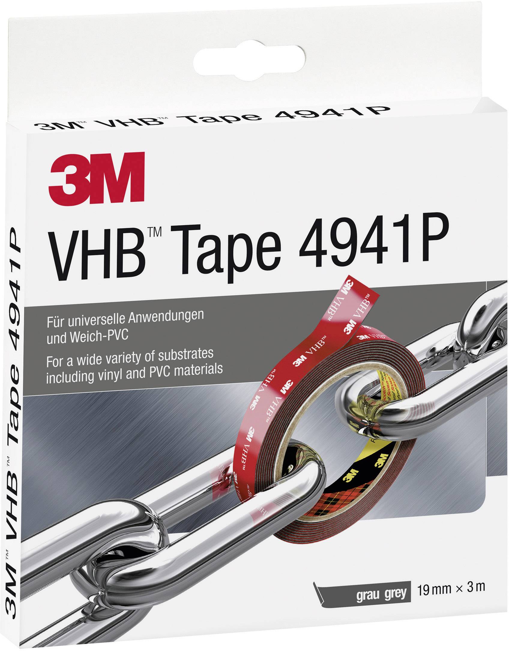 Emballage du ruban adhésif 3M VHB 4941P montrant un morceau de ruban qui relie deux maillons de chaîne. Adapté à de nombreuses applications, y compris le vinyle et le PVC.