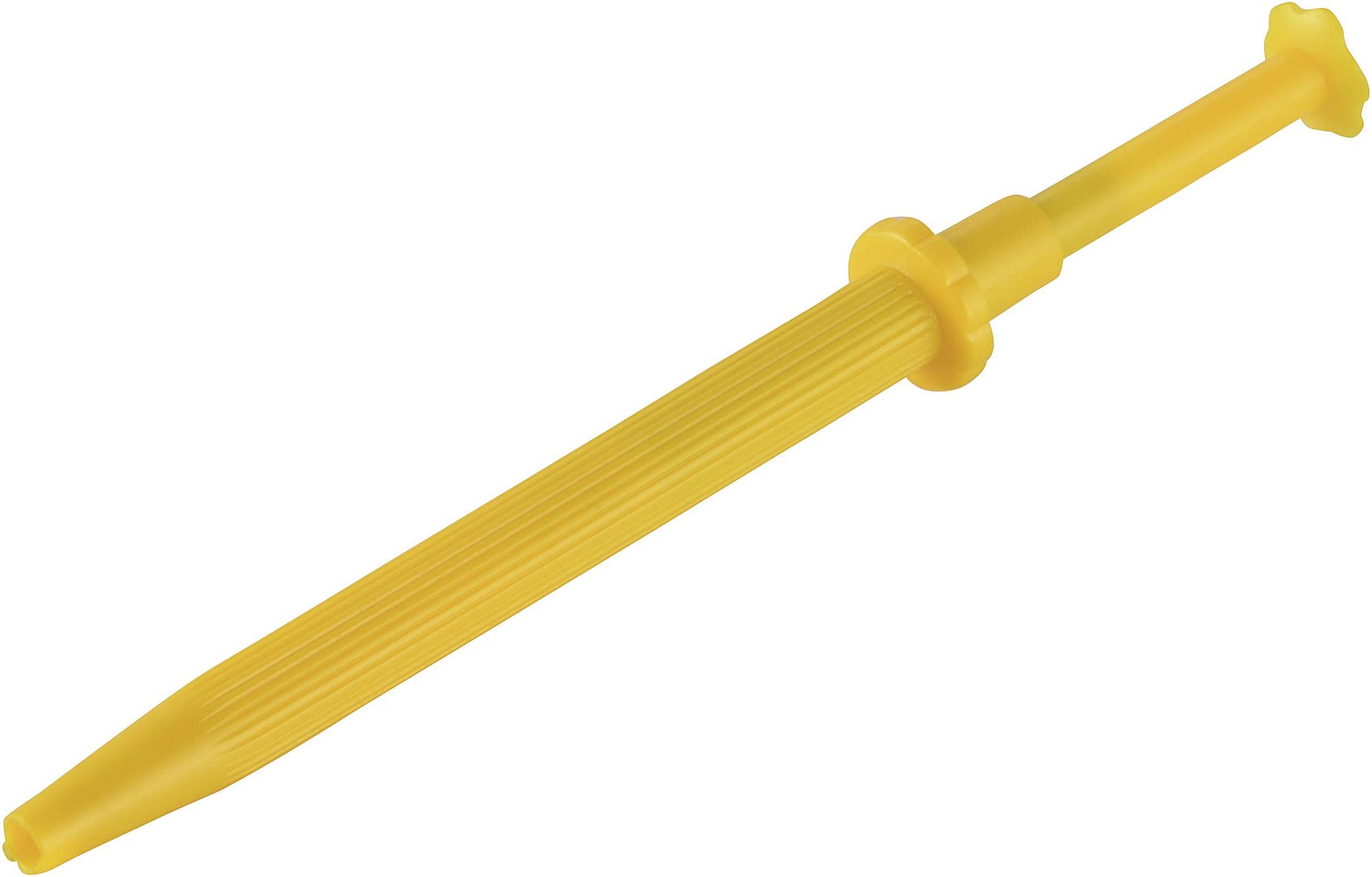 Épandeur de fertilisant en plastique jaune avec une poignée striée et un bout pointu, utilisé pour répandre précisément l'engrais pour plantes.