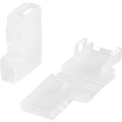 Deux pinces de câble en plastique transparent, ouvertes et fermées, utilisées pour connecter des câbles plats.
