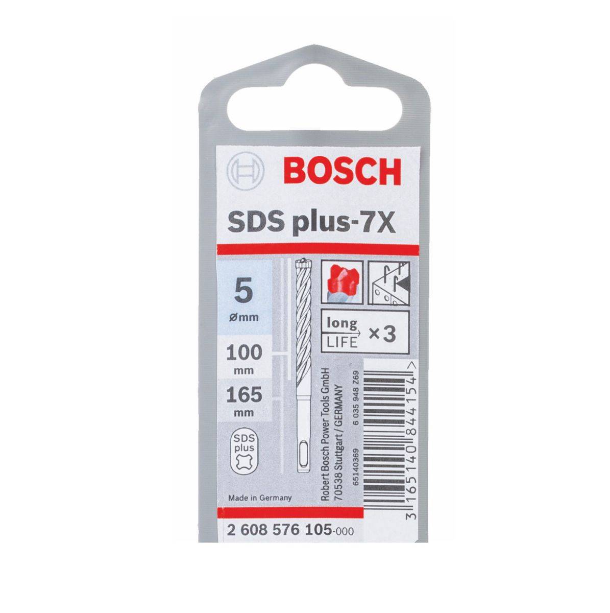 Foret béton SDS Plus diamètre 5 x 165 mm longueur utile 100 mm - multitaillants 7X - BOSCH - 2608576105-2