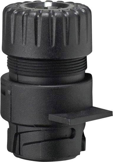 Un raccord en plastique noir rainuré avec un filetage rotatif, typiquement utilisé pour les tuyaux d'eau ou de gaz.