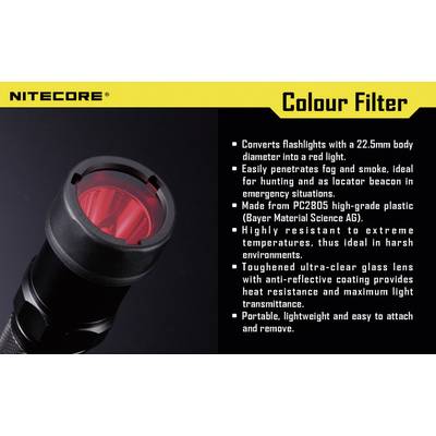 Accessoire de lampe de poche LED de Nitecore : convertit la lumière en rouge, pénètre le brouillard/la fumée, résistance élevée à la température, fabriqué en verre robuste et plastique de haute qualité.
