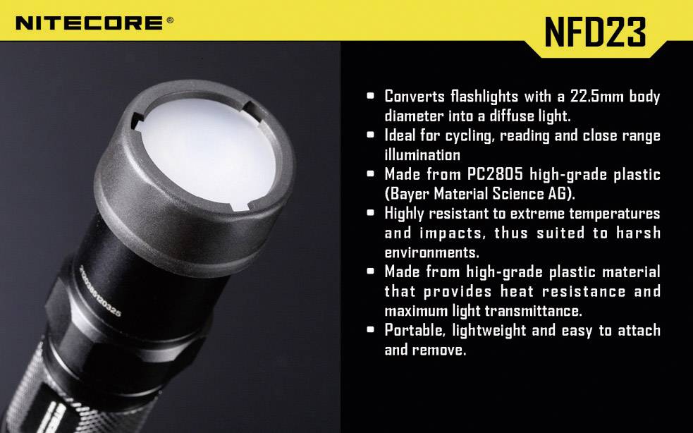 Gros plan sur une lampe de poche Nitecore NFD23. Le texte décrit ses caractéristiques : embout diffuseur, résistante à la chaleur, durable, légère.