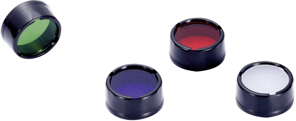 Quatre lentilles de différentes couleurs : verte, rouge, bleue et transparente, sur un boîtier en plastique noir, adaptées à la photographie ou à la science.