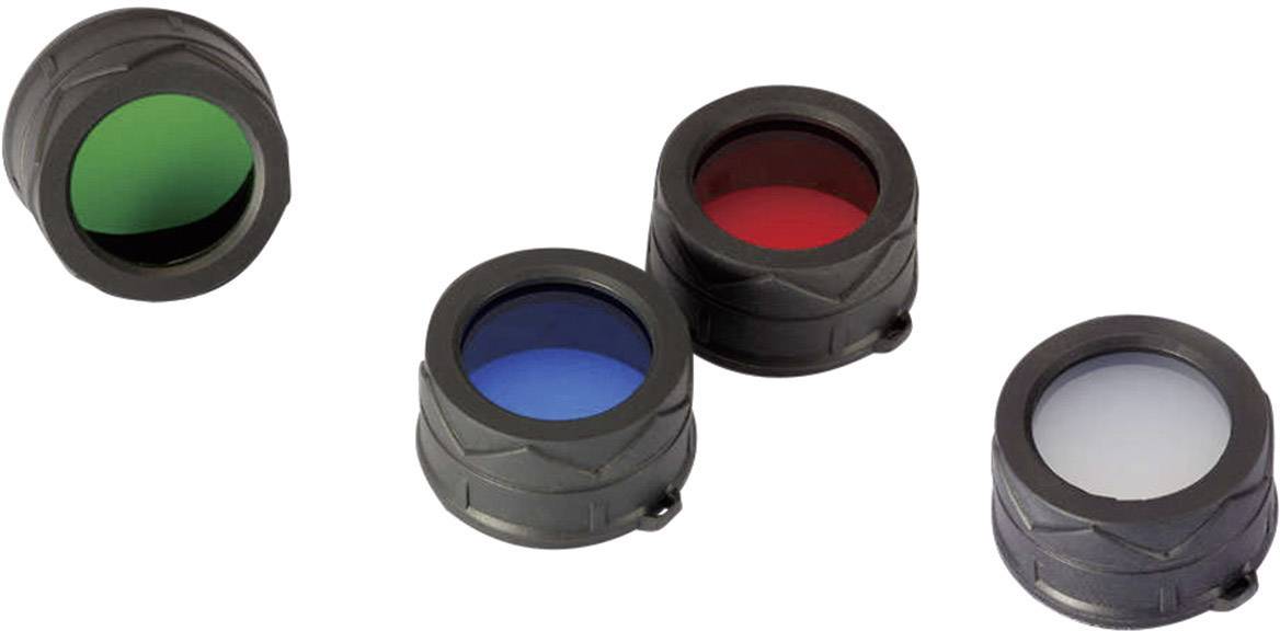 Quatre filtres de lentilles colorés en rouge, vert, bleu et transparent, chacun présenté dans un cadre noir. Ils sont posés sur une surface blanche.