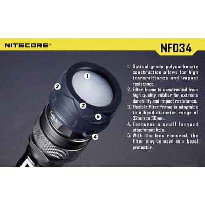 Filtre pour lampe de poche NFD34 : Construction optique en polycarbonate, cadre en caoutchouc robuste, adaptable pour 32-36 mm, avec trou de fixation.