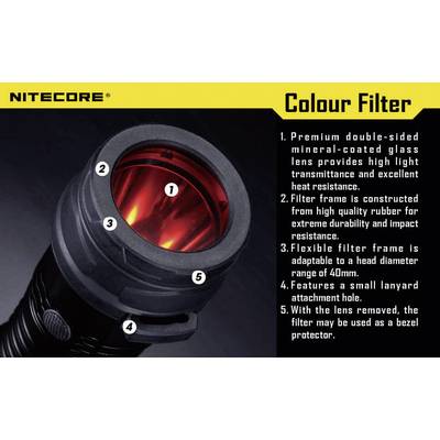 Lampe de poche 'Nitecore' avec filtre de couleur. Le texte décrit les caractéristiques : verre robuste, adaptation flexible et attache de lanyard.