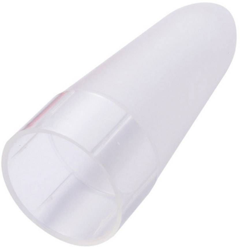 Un embout en plastique transparent de forme conique, plus étroit en haut et s'élargissant vers le bas.