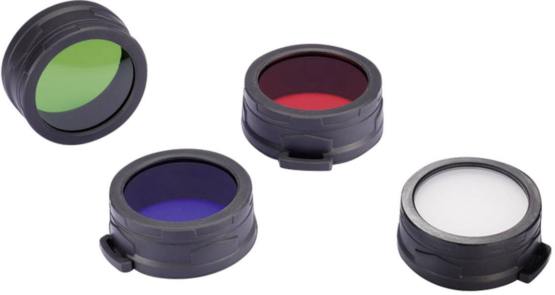 Quatre filtres colorés ronds en vert, rouge, bleu et blanc sur un fond blanc. Chaque filtre est entouré d'un bord noir.