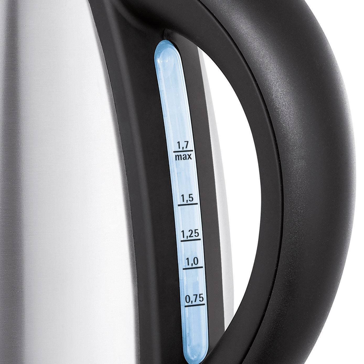 Bouilloire avec poignée et indicateur de niveau d'eau en litres. La capacité maximale de remplissage est de 1,7 litres.