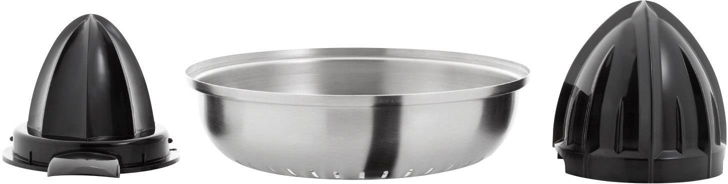 Trois parties d'un presse-agrumes : deux cônes noirs et un bol en métal au centre. Adapté pour presser les agrumes.