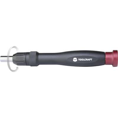Un tournevis noir de Toolcraft avec une extrémité rouge et une poignée ergonomique. Représentation de la tête de vis en mouvement.