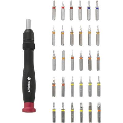 Tournevis noir et rouge avec 30 embouts interchangeables de différentes formes et couleurs, pour des applications polyvalentes.