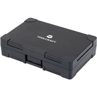 Coffret à outils noir avec le logo blanc 'TOOLCRAFT' sur le couvercle, fermé et rectangulaire, doté d'angles renforcés.