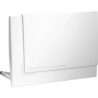 'Antenne active VHF/UHF Kathrein DVB-T' en blanc, debout avec l'écriture visible. Design moderne et minimaliste.