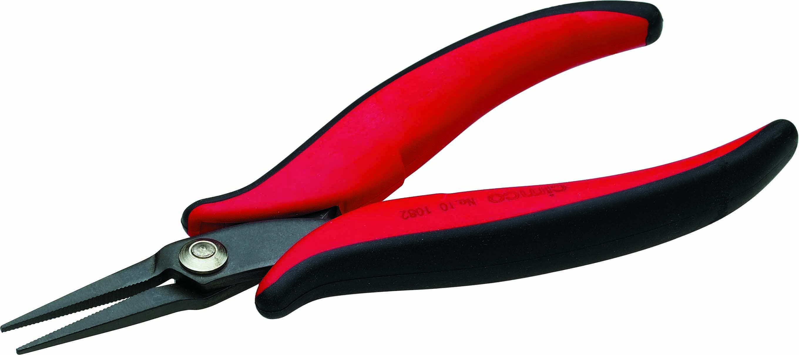 Pince combinée rouge et noire à tête longue et pointue, adaptée aux travaux précis de bricolage ou de projets professionnels.