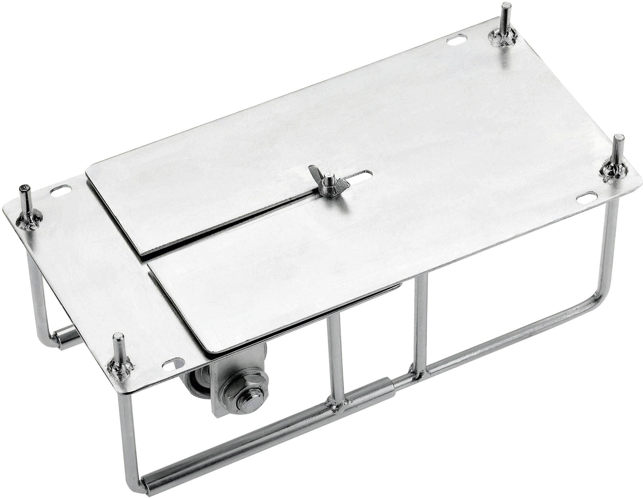 Support métallique à quatre points de fixation avec mécanisme de verrouillage, adapté aux applications industrielles.