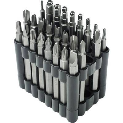 Plusieurs embouts de tournevis sont rangés verticalement dans un support en plastique noir, bien organisés.