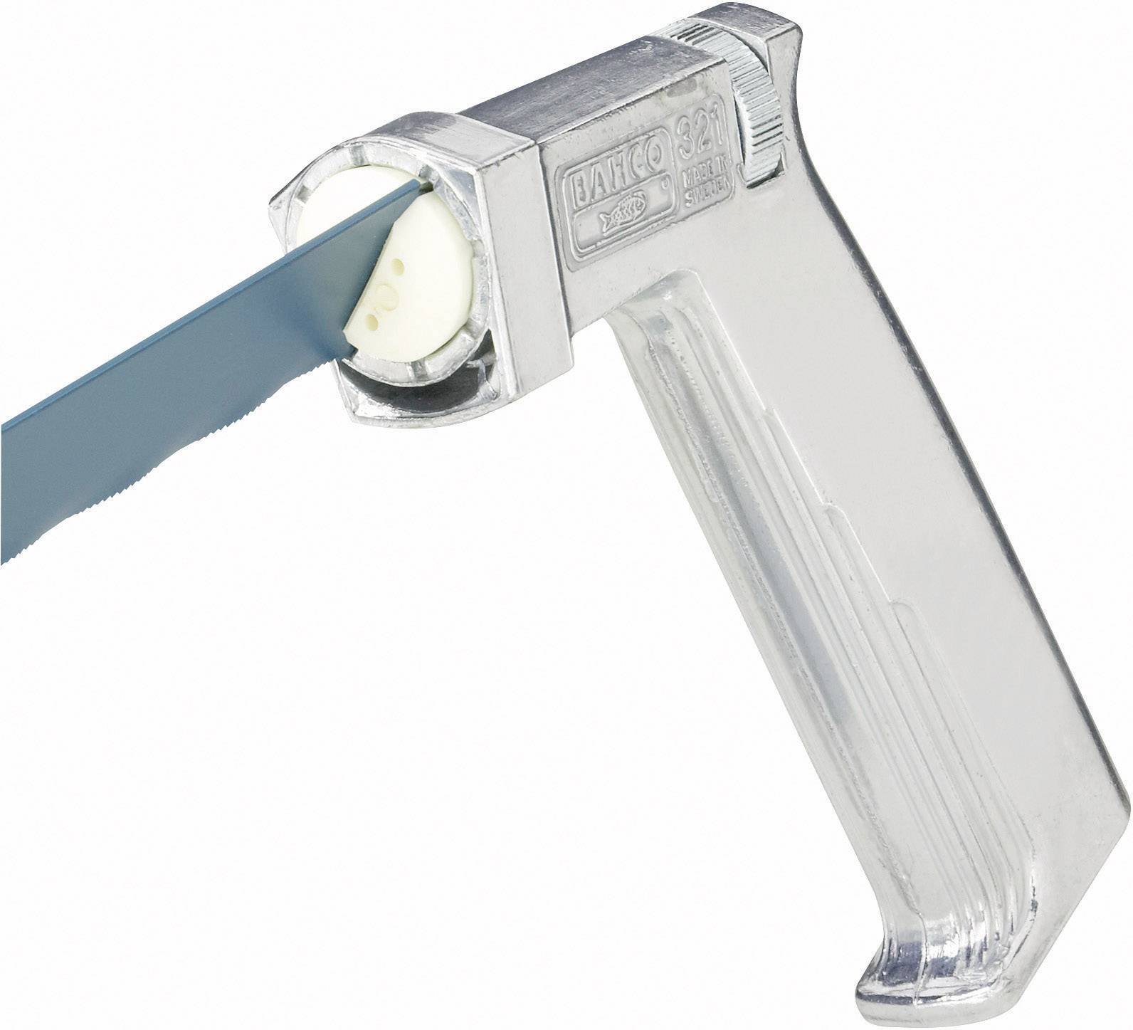 Scie métallique avec une lame de scie bleue, fixée à une poignée métallique brillante, alignée pour des coupes précises.