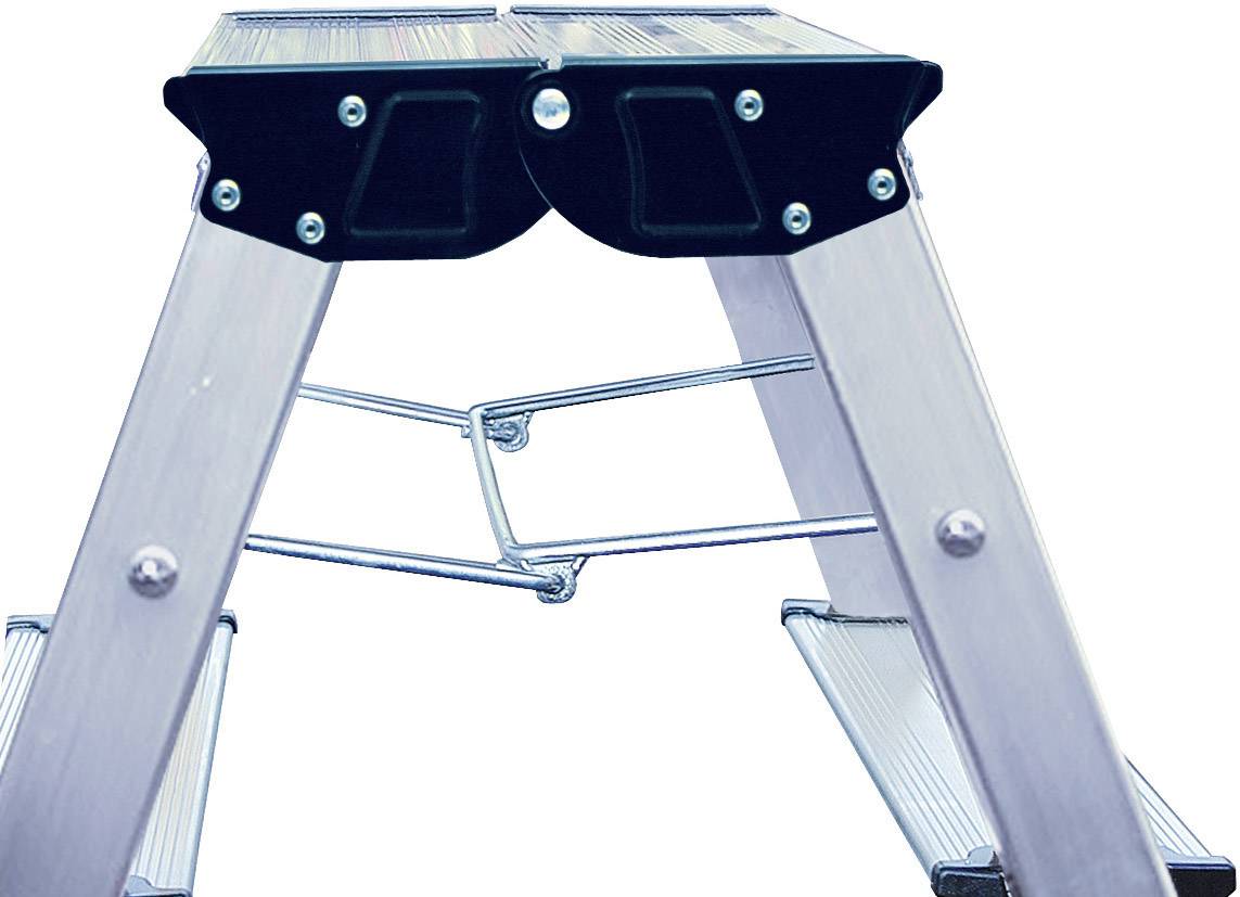 Une échelle escamotable en aluminium à quatre marches, vue de côté en position repliée. Adaptée pour une utilisation en intérieur et en extérieur.