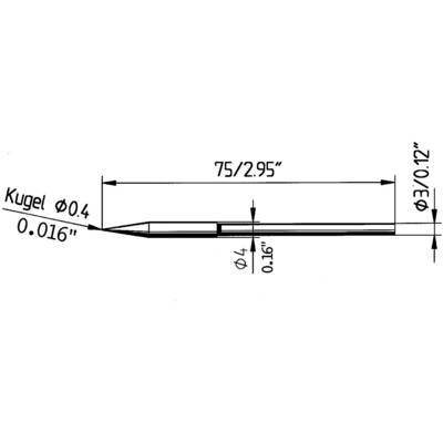 Dessin technique d'un stylo avec dimensions : longueur totale 75 mm (2,95"), diamètre de la bille 0,4 mm, diamètre de la tige 3 mm.