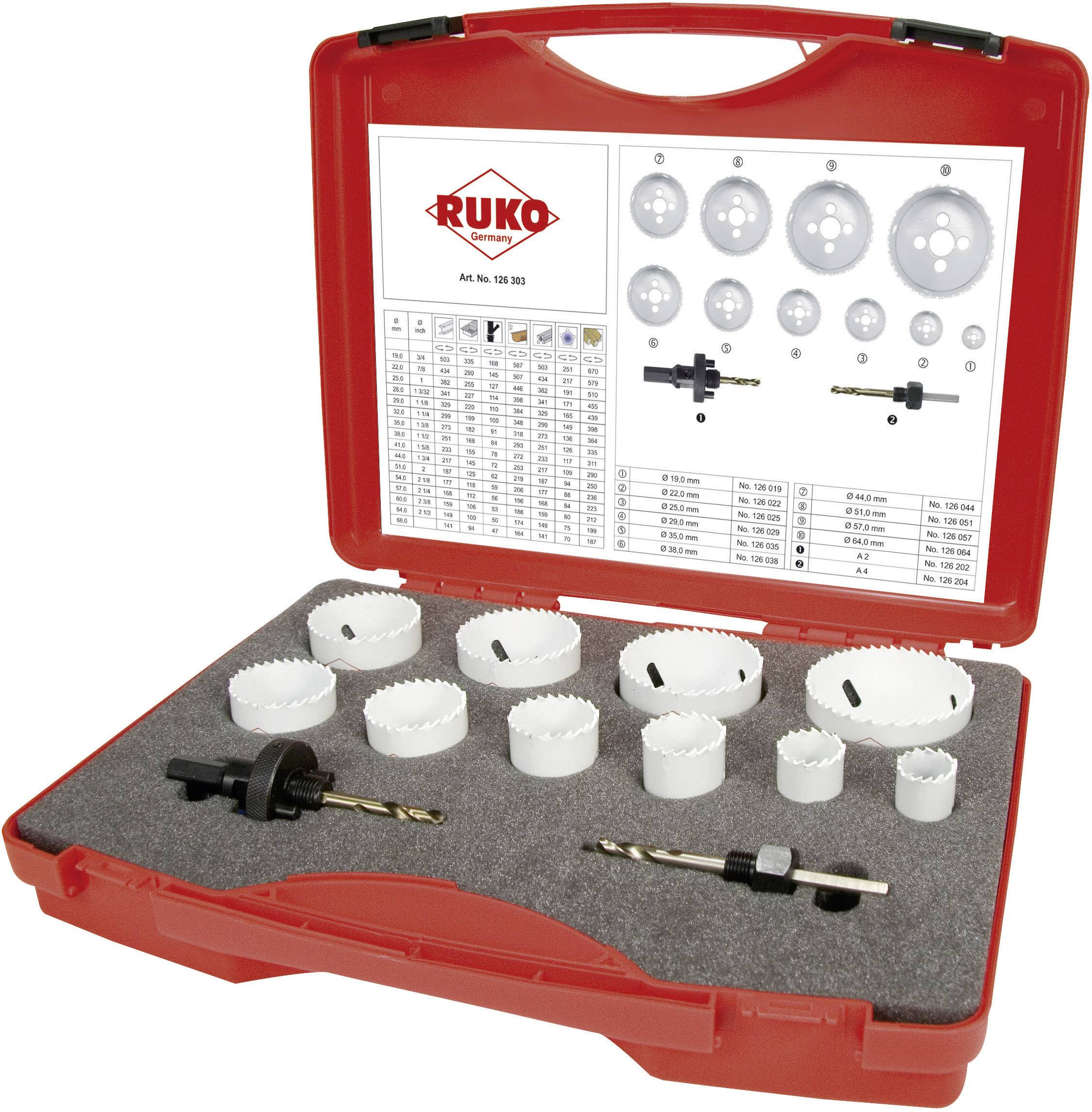 Boîte à outils rouge contenant des couronnes de forage de différentes tailles et deux adaptateurs de forage. Le diagramme sur le couvercle illustre les tailles et les applications.