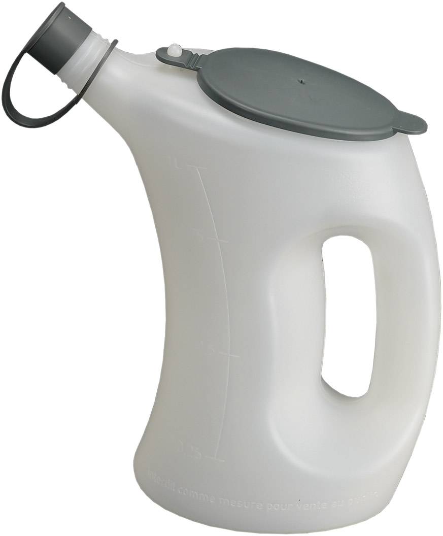 Bidon transparent, gris, doté d'une grande poignée, d'un bec verseur latéral et d'un couvercle. Pratique pour le transport de liquides avec une manipulation aisée.