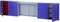 Un long placard métallique avec deux portes extérieures bleues et des compartiments intérieurs rouges. Une surface perforée est visible au centre.