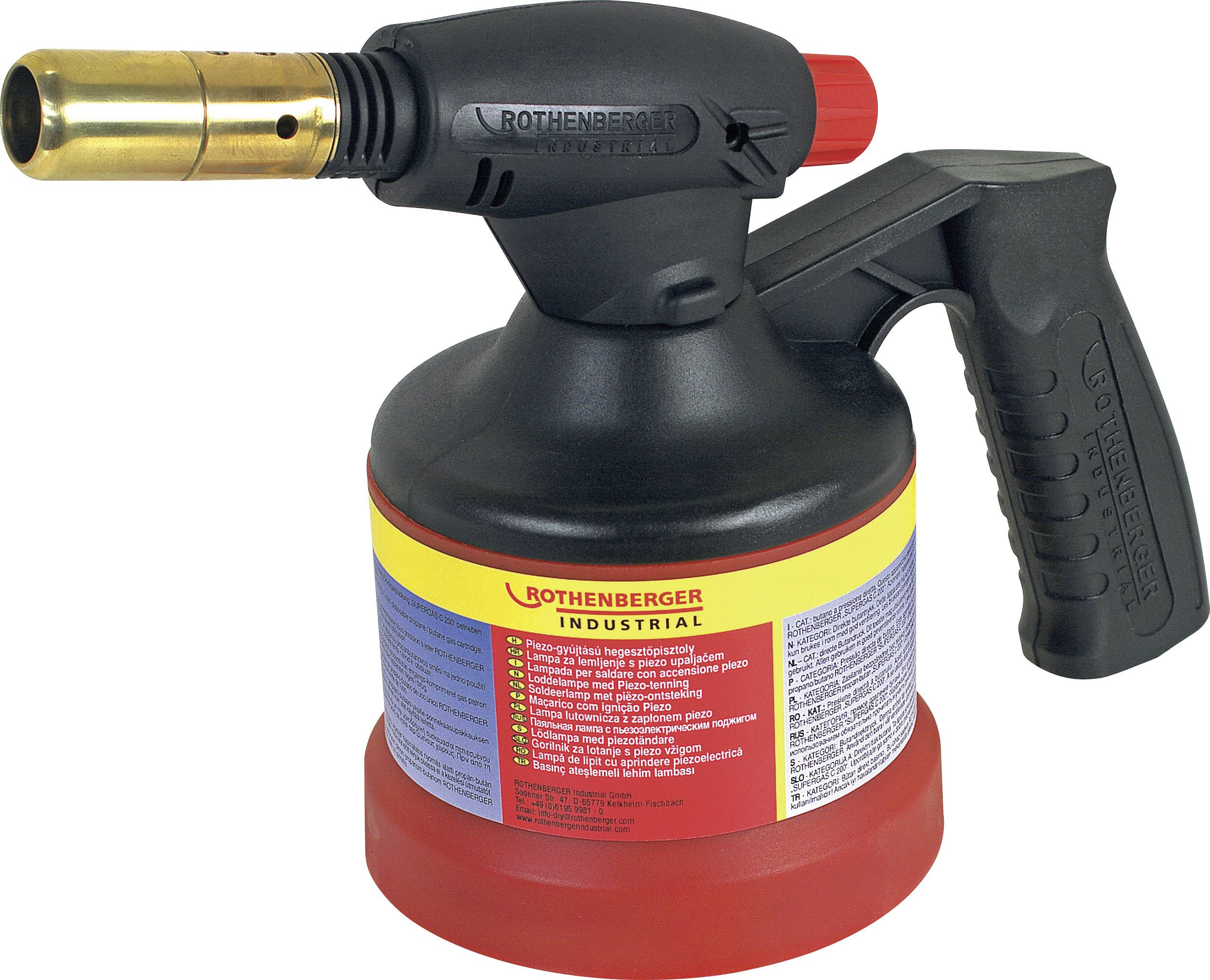 Un brûleur à gaz manuel noir de la marque Rothenberger, avec un bouton de réglage rouge, est placé devant un fond blanc.