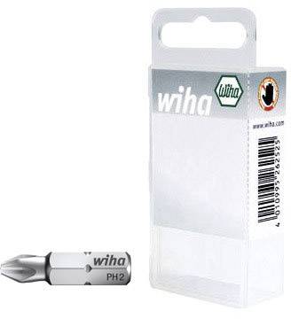 Un embout de tournevis Wiha PH2 à côté d'un emballage en plastique transparent portant le logo Wiha.
