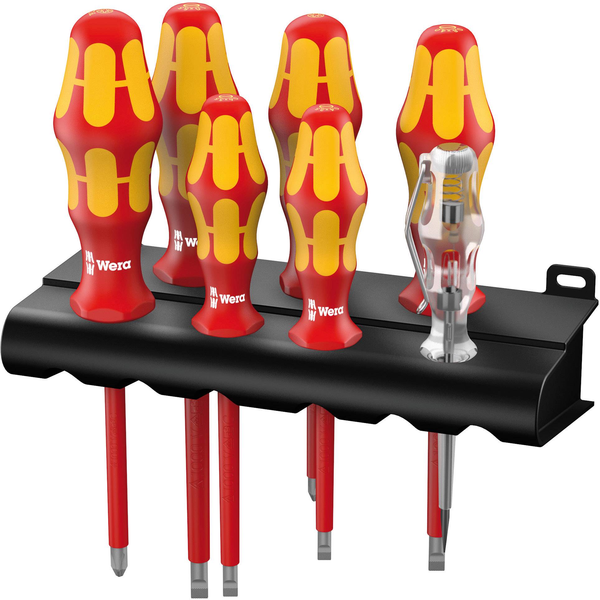 Un ensemble de sept tournevis dans un support. Six sont rouge-jaune avec une large poignée, un est transparent. Idéal pour différents travaux de vissage.