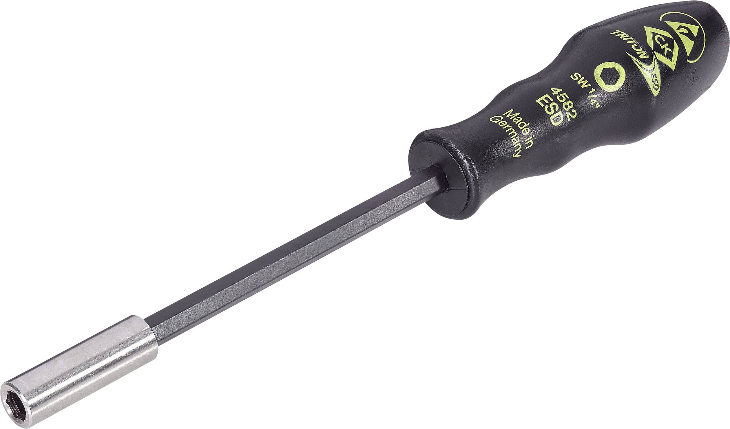 Clé à molette noire avec poignée ergonomique, fabriquée en Allemagne. Embout à tête hexagonale. Adaptée aux travaux de précision.