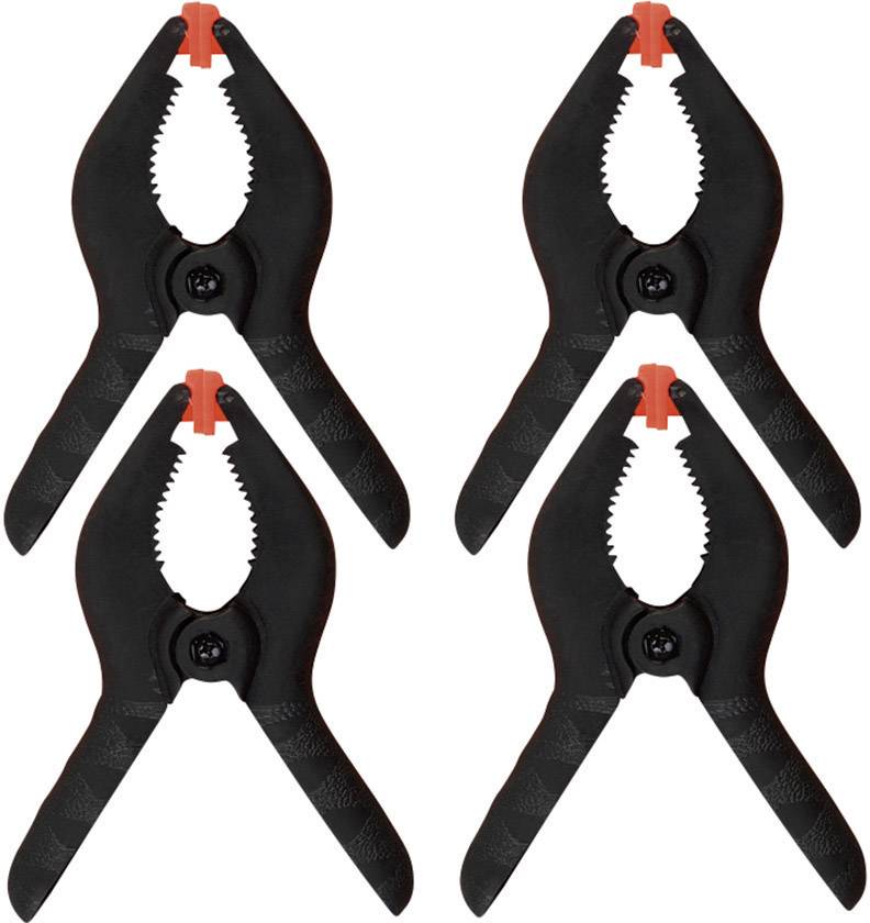Quatre pinces à ressort en plastique noir avec une poignée rouge en haut, disposées de manière symétrique. Elles sont utilisées pour maintenir des objets.